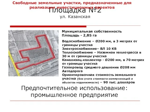 Площадка №2 ул. Казанская Муниципальная собственность Площадь - 2,85 га Водоснабжение –