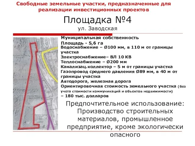 Площадка №4 ул. Заводская Муниципальная собственность Площадь - 5,6 га Водоснабжение –