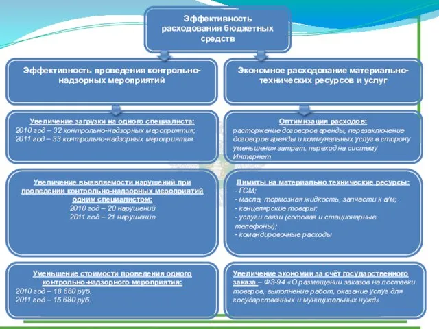 Эффективность расходования бюджетных средств Эффективность проведения контрольно-надзорных мероприятий Экономное расходование материально-технических ресурсов