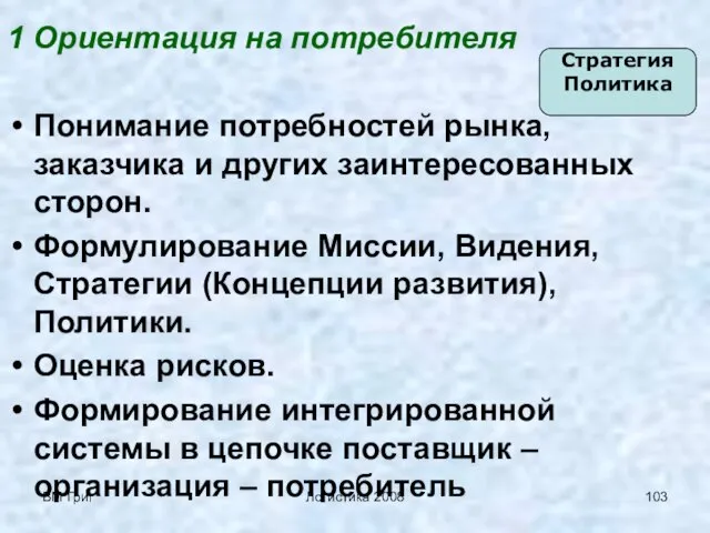 ВМ Григ Логистика 2008 1 Ориентация на потребителя Понимание потребностей рынка, заказчика