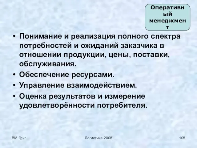 ВМ Григ Логистика 2008 Понимание и реализация полного спектра потребностей и ожиданий