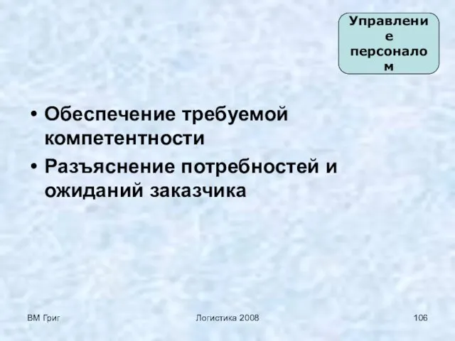 ВМ Григ Логистика 2008 Обеспечение требуемой компетентности Разъяснение потребностей и ожиданий заказчика Управление персоналом