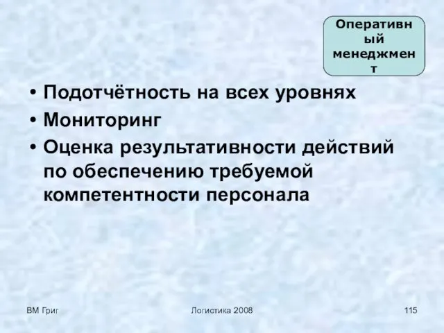 ВМ Григ Логистика 2008 Подотчётность на всех уровнях Мониторинг Оценка результативности действий