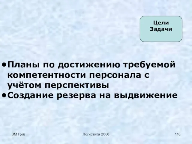 ВМ Григ Логистика 2008 Цели Задачи Планы по достижению требуемой компетентности персонала