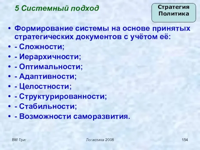 ВМ Григ Логистика 2008 5 Системный подход Формирование системы на основе принятых