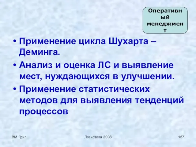 ВМ Григ Логистика 2008 Применение цикла Шухарта – Деминга. Анализ и оценка