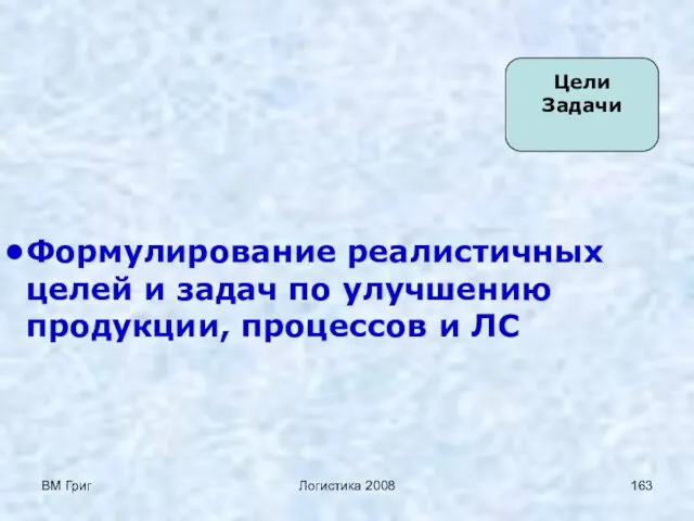 ВМ Григ Логистика 2008 Цели Задачи Формулирование реалистичных целей и задач по