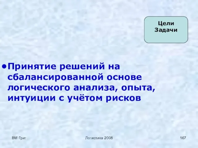 ВМ Григ Логистика 2008 Цели Задачи Принятие решений на сбалансированной основе логического