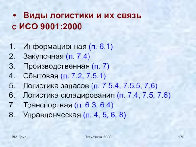 ВМ Григ Логистика 2008 Виды логистики и их связь с ИСО 9001:2000