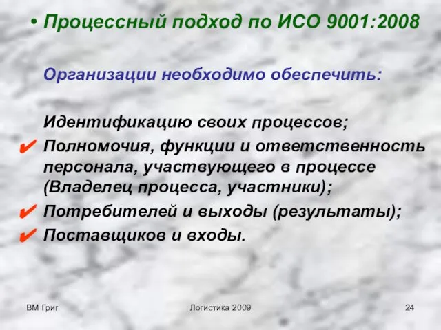 ВМ Григ Логистика 2009 Процессный подход по ИСО 9001:2008 Организации необходимо обеспечить: