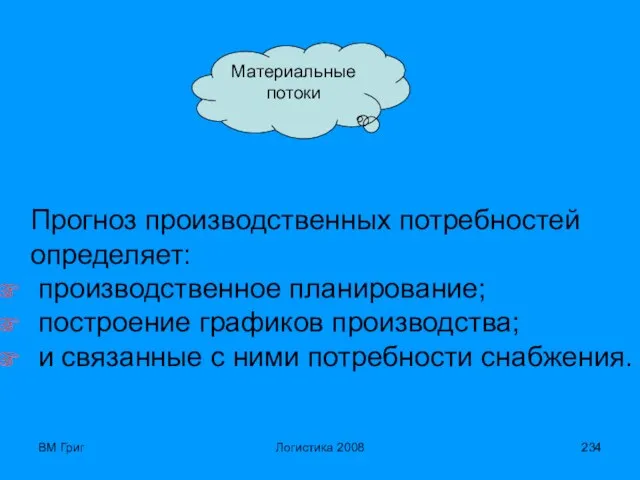 ВМ Григ Логистика 2008 Прогноз производственных потребностей определяет: производственное планирование; построение графиков