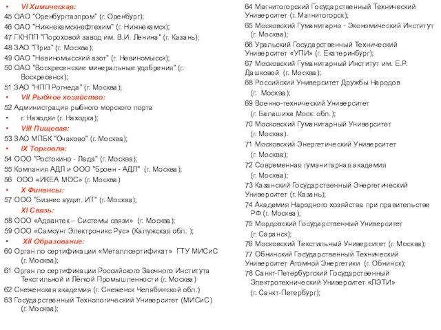 VI Химическая: 45 ОАО "Оренбурггазпром" (г. Оренбург); 46 ОАО "Нижнекамскнефтехим" (г. Нижнекамск);