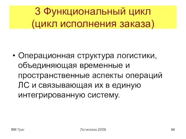 ВМ Григ Логистика 2009 3 Функциональный цикл (цикл исполнения заказа) Операционная структура