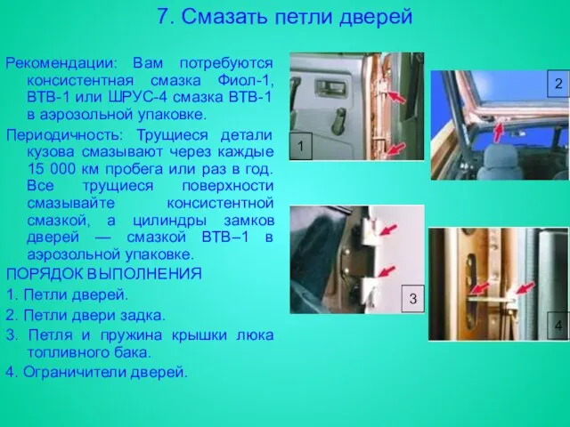 7. Смазать петли дверей Рекомендации: Вам потребуются консистентная смазка Фиол-1, ВТВ-1 или