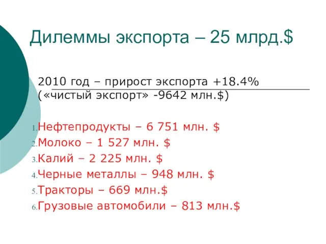 Дилеммы экспорта – 25 млрд.$ 2010 год – прирост экспорта +18.4% («чистый