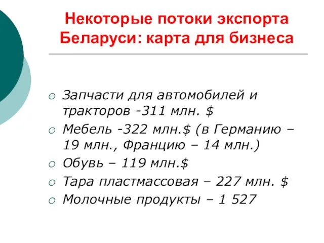 Некоторые потоки экспорта Беларуси: карта для бизнеса Запчасти для автомобилей и тракторов