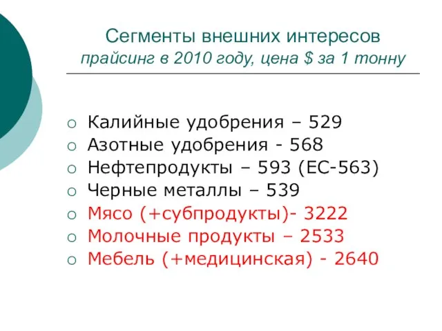 Сегменты внешних интересов прайсинг в 2010 году, цена $ за 1 тонну