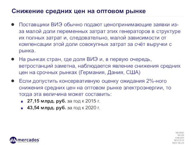 Снижение средних цен на оптовом рынке Поставщики ВИЭ обычно подают ценопринимающие заявки