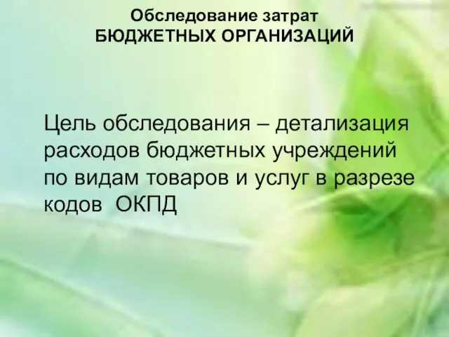 Обследование затрат БЮДЖЕТНЫХ ОРГАНИЗАЦИЙ Цель обследования – детализация расходов бюджетных учреждений по