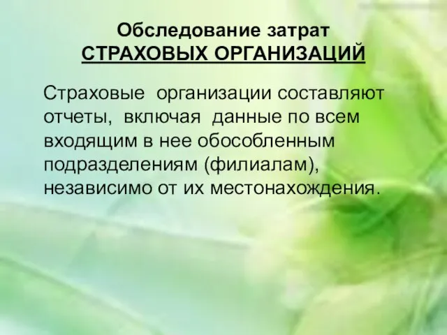 Обследование затрат СТРАХОВЫХ ОРГАНИЗАЦИЙ Страховые организации составляют отчеты, включая данные по всем