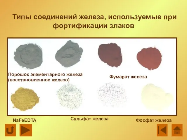 Типы соединений железа, используемые при фортификации злаков Порошок элементарного железа (восстановленное железо)