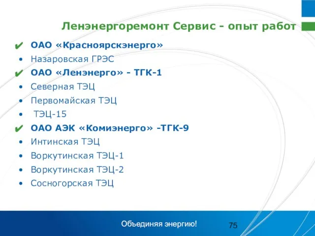 Ленэнергоремонт Сервис - опыт работ ОАО «Красноярскэнерго» Назаровская ГРЭС ОАО «Ленэнерго» -