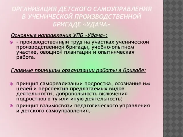 ОРГАНИЗАЦИЯ ДЕТСКОГО САМОУПРАВЛЕНИЯ В УЧЕНИЧЕСКОЙ ПРОИЗВОДСТВЕННОЙ БРИГАДЕ «УДАЧА» Основные направления УПБ «Удача»: