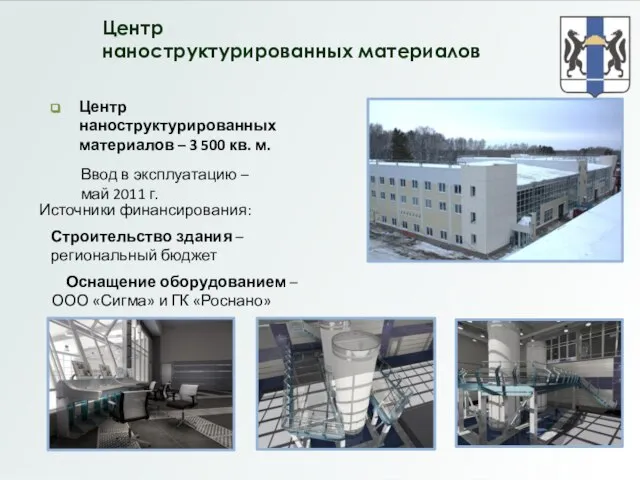 Центр наноструктурированных материалов Центр наноструктурированных материалов – 3 500 кв. м. Ввод