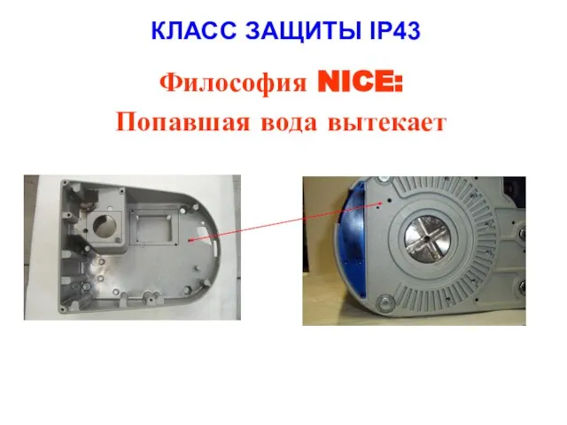 КЛАСС ЗАЩИТЫ IP43 Философия NICE: Попавшая вода вытекает