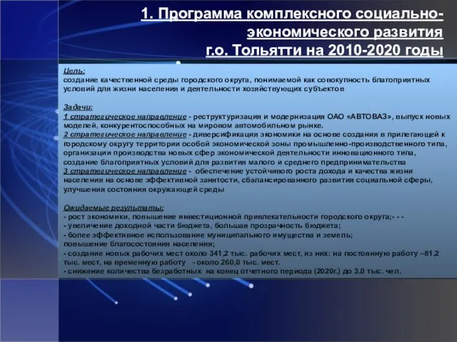 1. Программа комплексного социально-экономического развития г.о. Тольятти на 2010-2020 годы Цель: создание