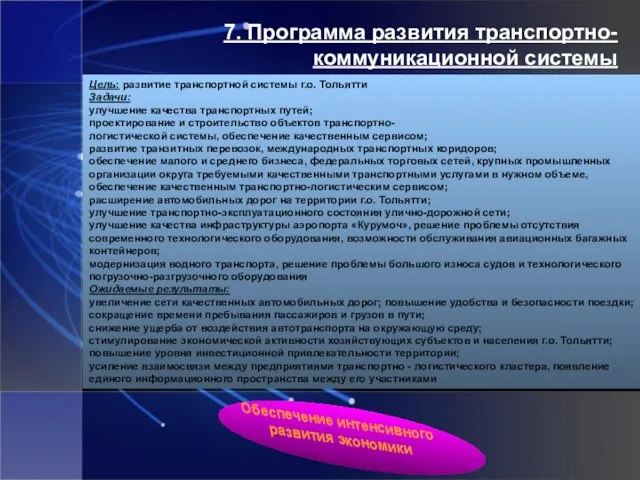 7. Программа развития транспортно-коммуникационной системы Цель: развитие транспортной системы г.о. Тольятти Задачи: