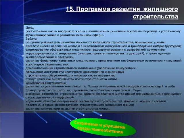 15. Программа развития жилищного строительства Цель: рост объемов вновь вводимого жилья с