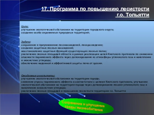 17. Программа по повышению лесистости г.о. Тольятти Цели: улучшение экологической обстановки на