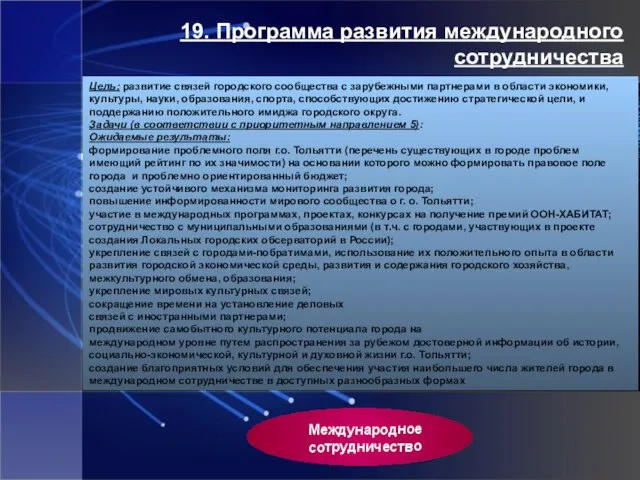 19. Программа развития международного сотрудничества Цель: развитие связей городского сообщества с зарубежными