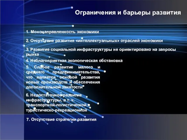 1. Мононаправленность экономики 2. Отсутствие развития «интеллектуальных» отраслей экономики 3. Развитие социальной