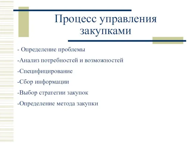 Процесс управления закупками Определение проблемы Анализ потребностей и возможностей Специфицирование Сбор информации