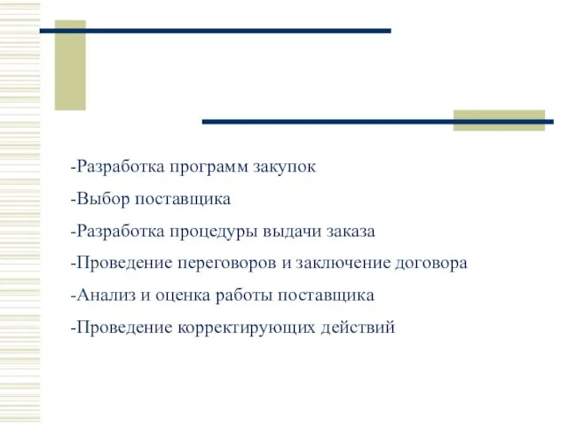 Разработка программ закупок Выбор поставщика Разработка процедуры выдачи заказа Проведение переговоров и