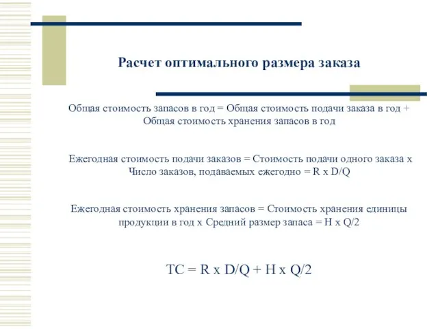 Расчет оптимального размера заказа Общая стоимость запасов в год = Общая стоимость