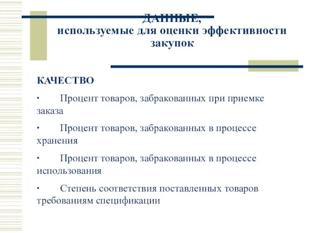 ДАННЫЕ, используемые для оценки эффективности закупок КАЧЕСТВО ∙ Процент товаров, забракованных при