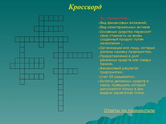 Кроссворд По горизонтали: Вид финансовых вложений. Вид нематериальных активов Основные средства переносят