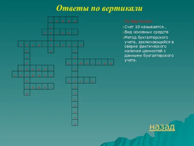 Ответы по вертикали По Вертикали: Счет 10 называется… Вид основных средств Метод