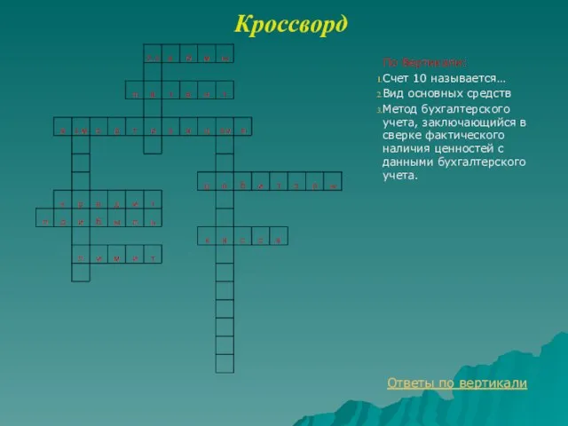 Кроссворд По Вертикали: Счет 10 называется… Вид основных средств Метод бухгалтерского учета,