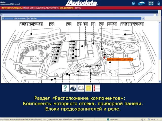 Раздел «Расположение компонентов»: Компоненты моторного отсека, приборной панели. Блоки предохранителей и реле.