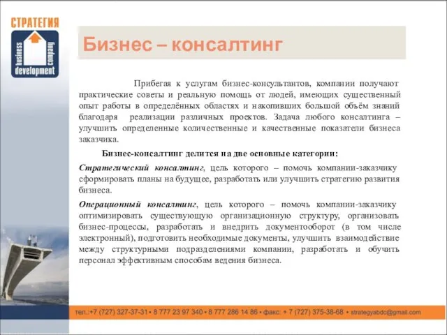 Бизнес – консалтинг Прибегая к услугам бизнес-консультантов, компании получают практические советы и