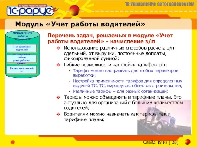 Перечень задач, решаемых в модуле «Учет работы водителей» - начисление з/п Использование