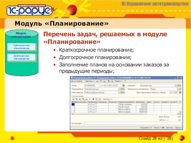 Модуль «Планирование» Перечень задач, решаемых в модуле «Планирование» Краткосрочное планирование; Долгосрочное планирование;