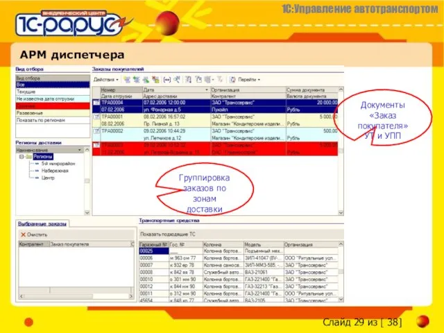 АРМ диспетчера Документы «Заказ покупателя» УТ и УПП Группировка заказов по зонам доставки