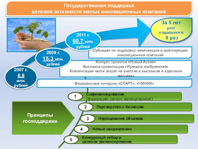 Субсидии на поддержку начинающих и действующих инновационных компаний За 5 лет рост