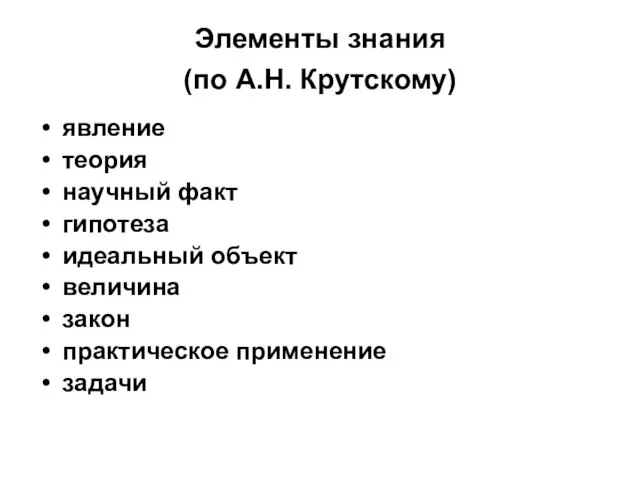 Элементы знания (по А.Н. Крутскому) явление теория научный факт гипотеза идеальный объект