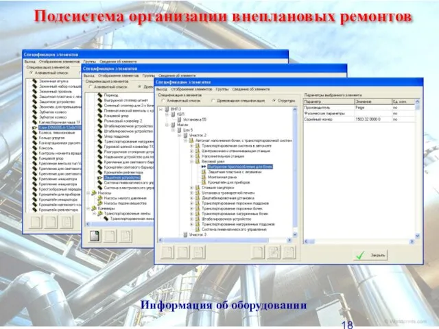 Подсистема организации внеплановых ремонтов Информация об оборудовании